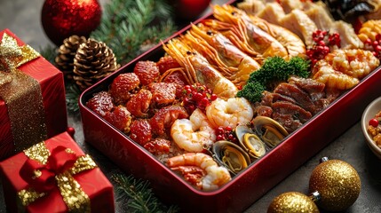 Fototapeta premium Festive Seafood Feast A CloseUp of a Red Lacquered Box Filled with Shrimp Clams and Festive Garnishes Surrounded by Christmas Decorations