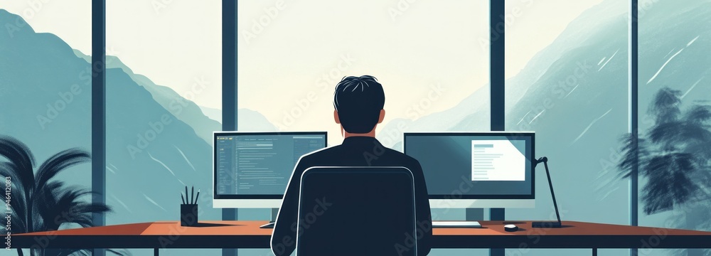 Poster Man Working at Desk with Mountain View