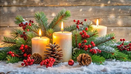 Elegant Christmas Candle Display with Pinecones, Red Berries, and Snowy Greenery for Festive Decor