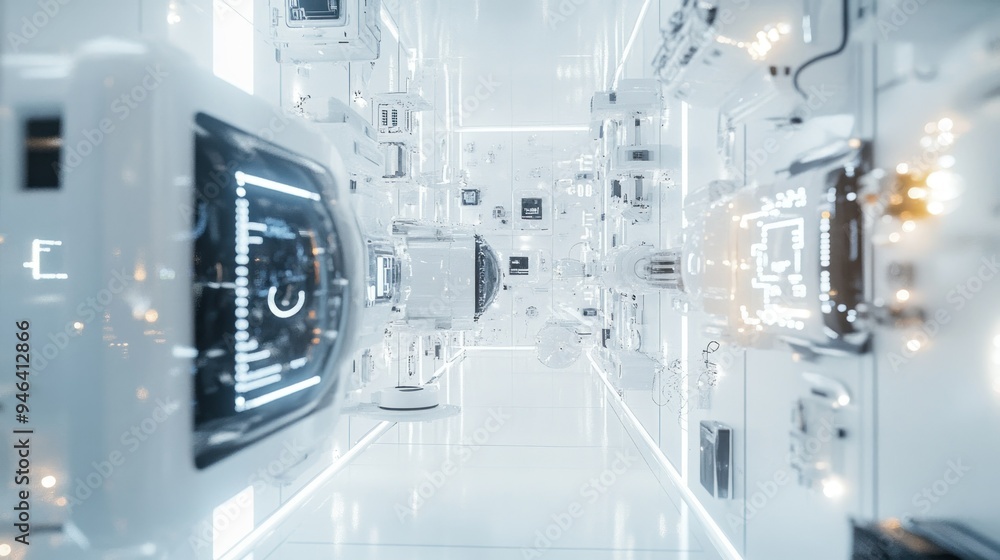 Poster futuristic white corridor with glowing panels and digital display