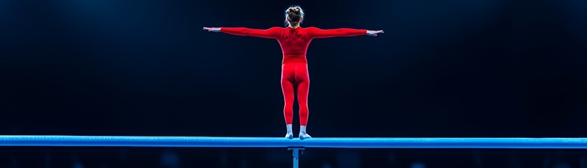 Fototapeta premium A gymnast in a red outfit performs on a balance beam under dramatic lighting.