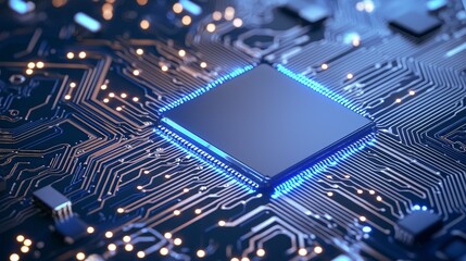 Microchip with blue lighting, futuristic circuit design, 3D illustration
