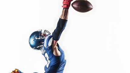 A football player in a blue jersey reaches up to catch the ball.