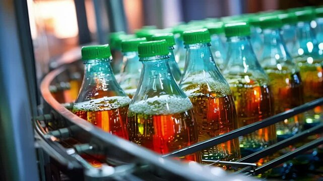 Bottling plant production line conveyor belt is transporting freshly filled carbonated soft drinks to the packaging stage. The glass bottles contain an amber colored liquid with bubbles