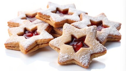 Homemade Holiday Star Cookies with Jam Filling and Powdered Sugar on White Background