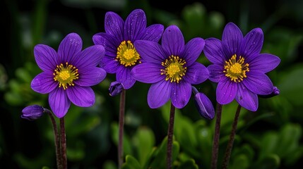 Obraz premium Vibrant Purple Flowers with Yellow Centers in a Garden