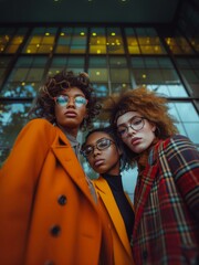 Obraz premium Three fashionable women in bold outfits posing in front of a modern glass building