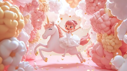 Cute Girl Riding Unicorn in a Magical Cloud World.