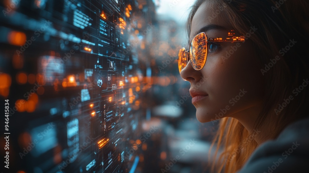 Poster a person intently observes a holographic timeline detailing a conversation, reflecting advanced tech