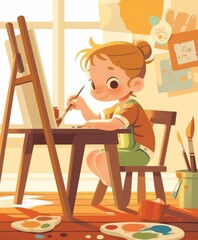 Child Painting with Watercolors in a Cheerful Playroom