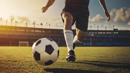 A soccer player kicks the ball down the field.