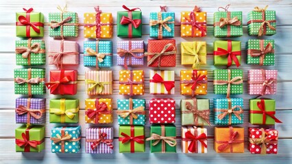 Fototapeta premium Colorful Christmas Gift Boxes with Patterned Wrapping Paper and Ribbons on Wooden Background