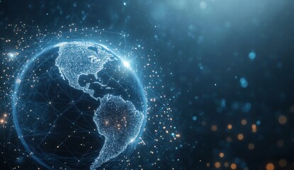 Obraz premium Digital technology concept, global network, and connectivity symbolized by the Earth planet with glowing connection lines in the space on a blue background Generative AI