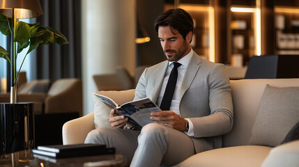 A man in a sharp, light gray suit with a contrasting black tie, seated in a sophisticated office lounge area, reading a business magazine, with stylish furniture and soft lighting