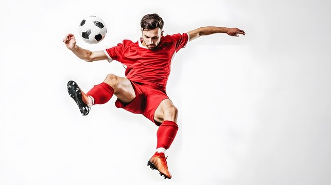 A male soccer player in a red uniform leaps through the air to head the ball. - Powered by Adobe
