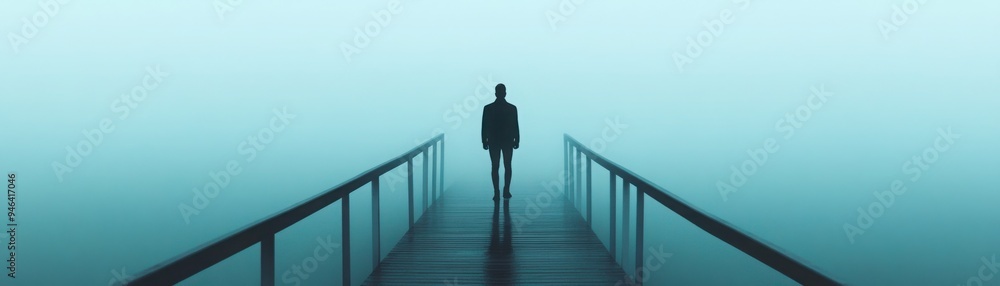 Poster a lone figure standing on a bridge between darkness and light, representing the transition from grie