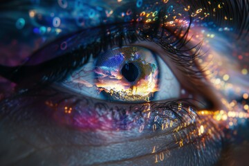 A close up of a digital eye like structure, composed of flowing binary code and colorful data streams. The abstract design symbolizes digital vision, technology, and data processing.