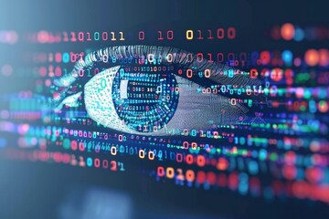 A close up of a digital eye like structure, composed of flowing binary code and colorful data streams. The abstract design symbolizes digital vision, technology, and data processing.