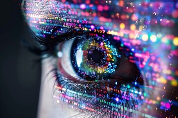 A close up of a digital eye like structure, composed of flowing binary code and colorful data streams. The abstract design symbolizes digital vision, technology, and data processing.