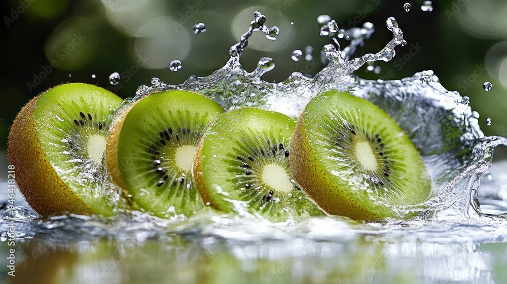 Poster kiwi fruit slices splashing in water with a green background