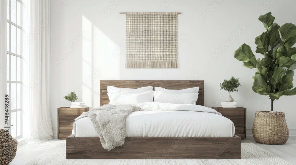 Wall mural Minimalist Bedroom Interior with Wooden Bed and Natural Elements