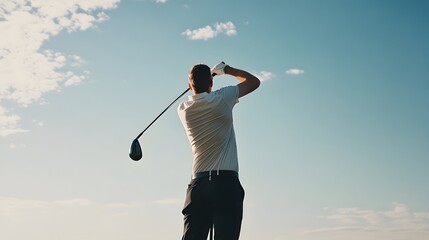 A male golfer swings his club in a sunny field, against a backdrop of a blue sky and white clouds.