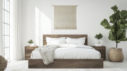 Minimalist Bedroom Interior with Wooden Bed and Natural Elements