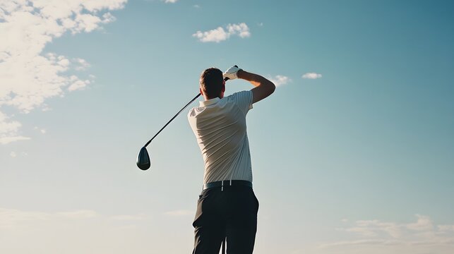 A male golfer swings his club in a sunny field, against a backdrop of a blue sky and white clouds.