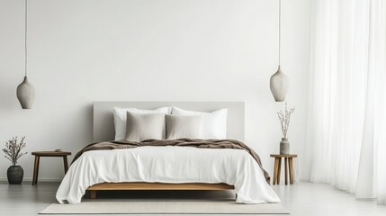 Minimalist Bedroom with White Bedding, Wooden Furniture, and Sheer Curtains
