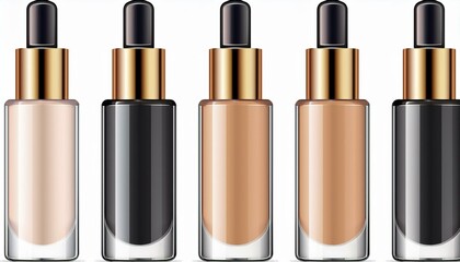 A realistic glass bottle of makeup foundation with a pump, blank cosmetic packaging templates with options for black, silver, or gold caps, illustrated in a vector style on a white background