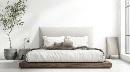 Minimalist Bedroom Interior with Platform Bed and Olive Tree