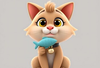 Fototapeta premium Mischievous 3D Cartoon Cat with a Fish Toy