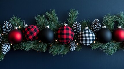 Naklejka premium Festive holiday garland adorned with red and black ornaments, pinecones, and greenery against a dark blue background