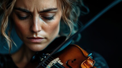 A close-up image of a woman intensely focused while playing a violin, showcasing her emotional connection and concentration with her music.