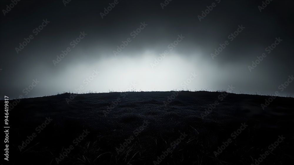 Poster a conceptual image depicting the darkness creeping over a tranquil landscape with the light graduall