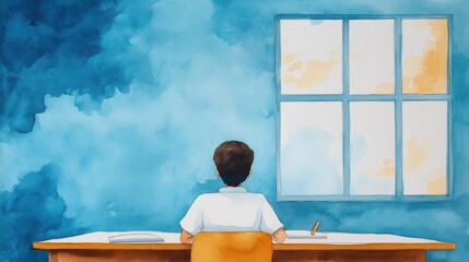 An encouraging watercolor of a teacher adapting lessons for a student with autism, showing patience and creativity in a bright, inclusive classroom