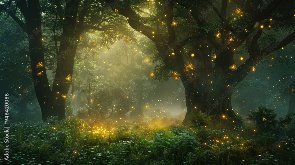 Poster enchanted forest with glowing fireflies mystical fog and ancient trees magical and mysterious