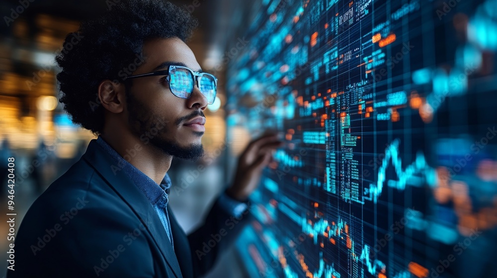 Poster a trader interacts with a vibrant holographic currency display, analyzing real-time data and market 