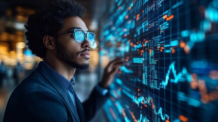 A trader interacts with a vibrant holographic currency display, analyzing real-time data and market trends in a futuristic financial environment.