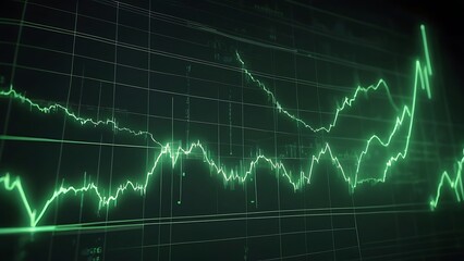 A digital stock market graph with glowing dots and lines forming an analysis is displayed on a green background