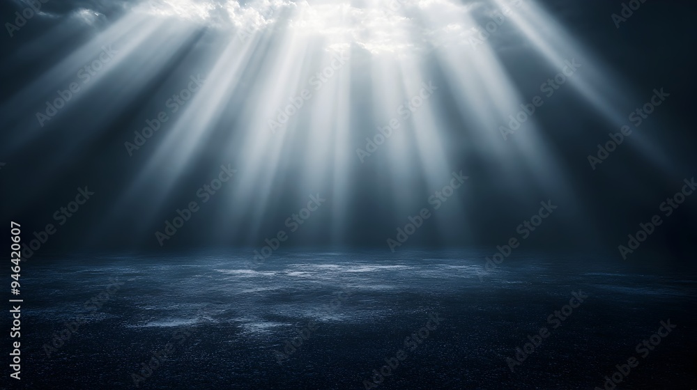 Poster conceptual image of luminous rays of light breaking through the shadows and darkness providing a sen