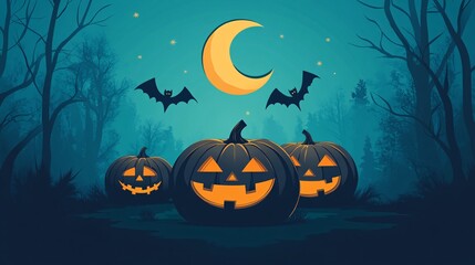 Fototapeta premium Three glowing pumpkins under a moonlit sky, with bats flying in a spooky forest setting.
