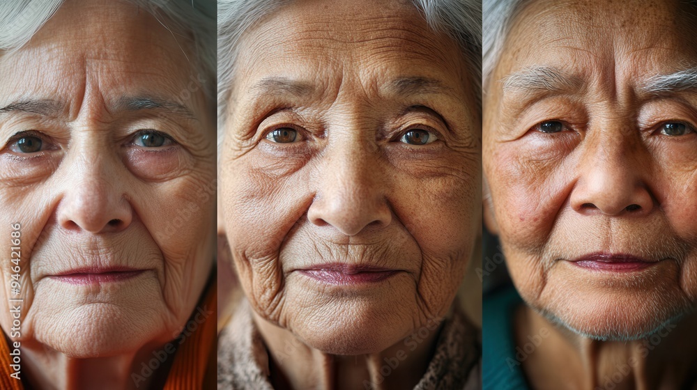 Poster three elderly men of various ethnicities showcase their wisdom and tranquility, each portrait reveal