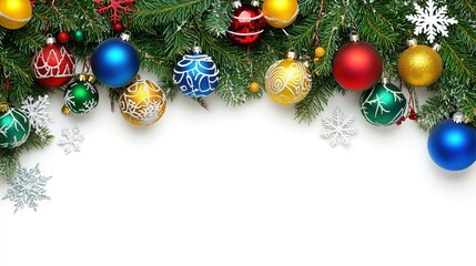 Naklejka premium Colorful Christmas ornaments and festive greenery create a cheerful holiday atmosphere in a winter setting