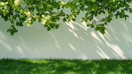 Obraz premium Green leaves and white wall with grass