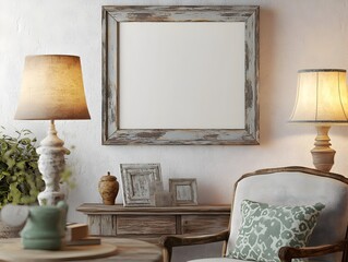 Rustic Distressed Wooden Frame Mockup in Cozy Farmhouse Style Living Room Interior with Vintage Armchair and Warm Table Lamp Lighting