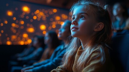 A group of students attentively watches holographic displays, immersed in a virtual classroom environment, full of interactive learning.