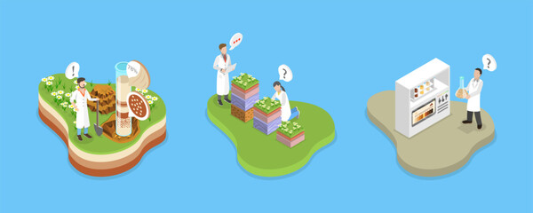 3D Isometric Flat Vector Illustration of Soil Analysis , Controlling Earth Pollution