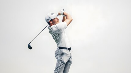 A young man in a white shirt and grey pants swings his golf club with focus.