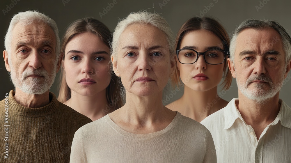 Aufkleber Five individuals of different ages stand closely together, each displaying unique expressions in a neutral-toned environment. Generative AI